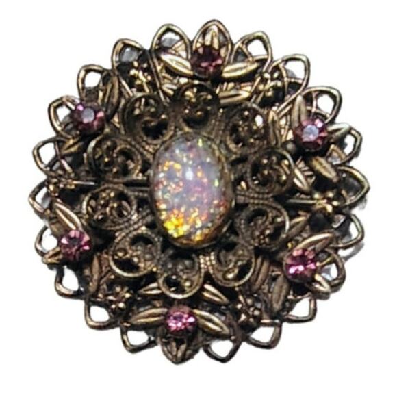50s Mid Century Vintage  Pink Opalescent Connfetti Aurora Borealis Gold Brooch - Picture 4 of 5